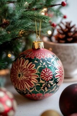 Wall Mural - Hand-painted christmas ornament with a floral design hanging on a christmas tree, adding a touch of festive cheer