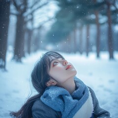 A young woman in a blue scarf lies on the snow, gazing up at falling snowflakes in a winter forest.