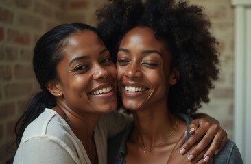 Two friends smiling close together in a cozy indoor setting, capturing a joyful moment of friendship and connection