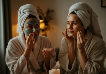 Two friends wearing bathrobes and towels on their heads are applying facial cosmetic masks during a girls night