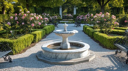 Wall Mural - A picturesque Victorian garden scene with a pristine marble fountain