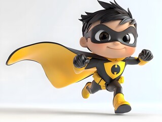 3D cartoon of a superhero kid in a dynamic flying pose on a white background