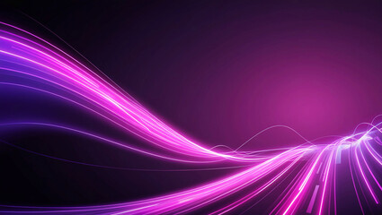  Vibrant abstract wave of purple and pink light streaks against a dark background, representing digital communication, data flow, and futuristic technology design