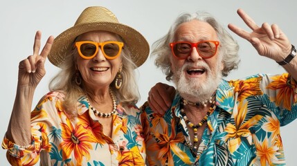 Portrait of Happy elderly couple in Hawaiian shirts and hats spending time on vacation . Concepts about love, old age and elderly people