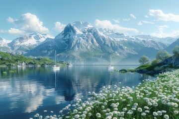 A panoramic view of a serene bay with anchored sailboats, gentle waves