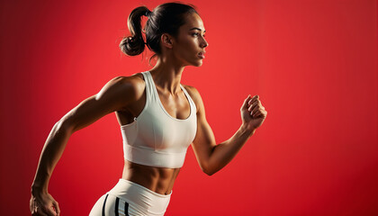 A determined woman in athletic wear focuses intensely as she runs against a bold red backdrop, capturing the essence of strength and fitness.