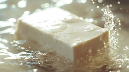 a rectangular white smooth and delicate tofu in water