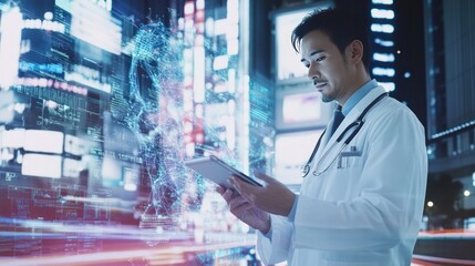 Wall Mural - a male doctor holding a tablet is combined with a futuristic cityscape filled with vibrant technological elements.