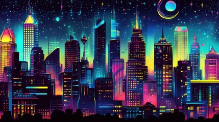 Wall Mural - retro comic book-style cityscape with neon colors