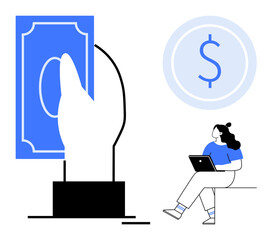 Hand holding a banknote and seated woman using a laptop with a large dollar symbol in the background. Ideal for finance, banking, online transactions, e-commerce, digital payments, economic