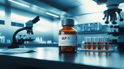 A bottle marked GLP-1 showcased in a high-tech lab environment, with a backdrop of digital screens displaying research data and molecular structures, emphasizing the importance of scientific discovery