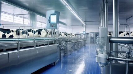 A modern milking parlor with advanced machinery and automated systems efficiently milking cows, with clean, well-organized equipment and a bright, hygienic environment.