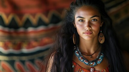 Maori woman in traditional attire, looking strong