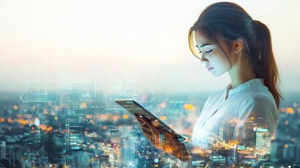 Wall Mural - A female doctor engages with a tablet in a striking double exposure shot, where her image is intertwined with a vibrant, tech-driven cityscape.