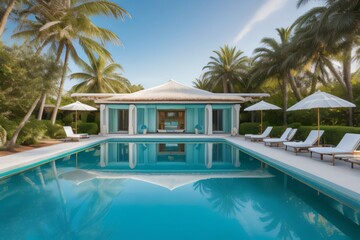 Crystal-clear water laps the edge of a luxurious pool, nestled amidst a tropical paradise