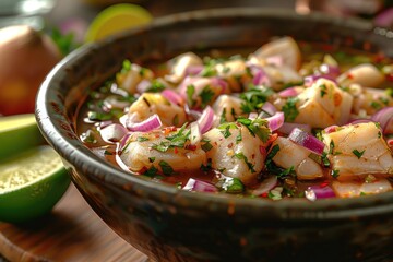 A refreshing Peruvian ceviche with marinated fish, lime juice, and red onions