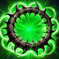 A wooden circle with sharp spikes is glowing green, suggesting magical energy. The circle is partially broken, adding to its mystical and dangerous aura.