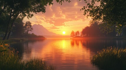 Poster - Sun setting over a serene lake