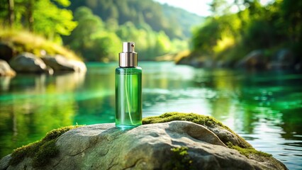 Wide-angle view of a serene green water with an elegant cosmetic bottle on a rock