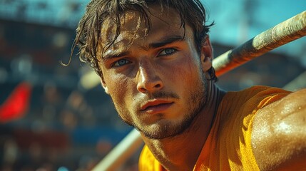 A determined young athlete with a determined look on his face, holding a pole.