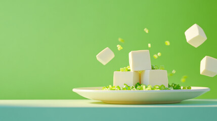 a plate on the table with two or three whole white tofu cubes on it. Some green chopped green onions are sprinkled on the tofu cubes, which looks like a good delicacy