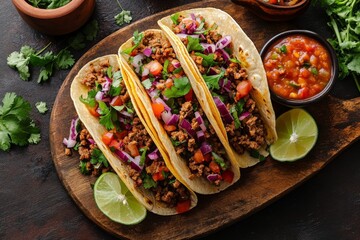 Detailed top view of a taco feast, rich and fresh ingredients, dark brown table background, realistic and sumptuous