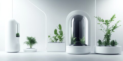 CO2 absorption technology, sleek devices capturing carbon emissions, futuristic industrial setup, white background, minimalistic, clean lines, focus on efficiency and sustainability