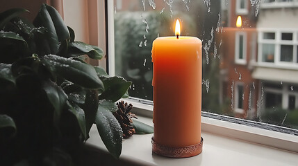 Frost-covered windows with a candle glowing inside, warm and cozy winter evening, soft hues capturing the glow and warmth in the winter night 