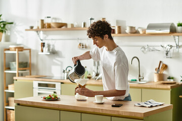 The young man pours steaming coffee into a cup as he prepares a delicious breakfast in a sunny kitchen.