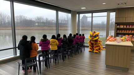 Children Observing a Lion Dance Performance Near a River During a Cloudy Day in an Indoor Cafe Setting