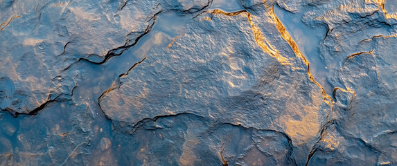 Poster - Smooth dark rocks beneath shallow water layer create serene and textured landscape, with subtle reflections adding depth and warmth