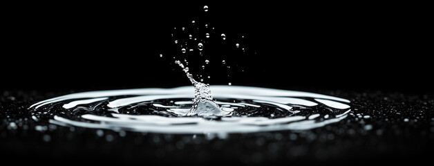Poster - black and white photograph captures ripples in water with droplets splashing upwards, creating serene and dynamic scene. contrast highlights fluid motion