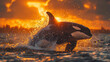 © juraj - Orca breaching the surface at sunset, creating a golden splash