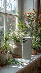 Poster - Mobile Phone Among Green Plants by a Window