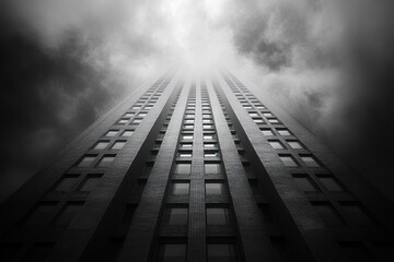 A tall skyscraper reaching up towards a bright light through stormy clouds, viewed from a low angle.