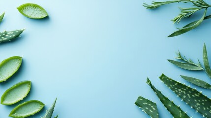 Wall Mural - Aloe vera branches and slices over light blue background flat lay skincare concept