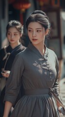 Two women in traditional attire, showcasing elegance and grace, walking through a sunlit historical setting.