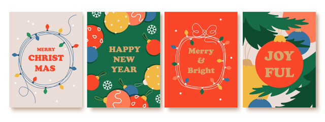 Wall Mural - Creative colorful card, flyer, poster for 2025 New Year. Christmas greetings. Web banner design. Modern minimal flat style. Bright colors. Hand drawn style with texture. Winter plants.