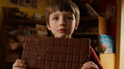 A boy is holding a chocolate bar