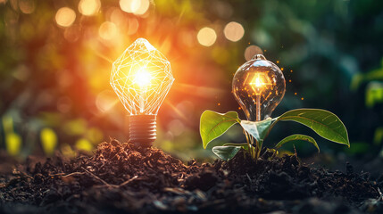 Two glowing light bulbs, one in soil and one in a plant..