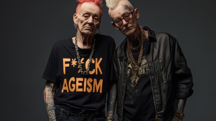 Two senior punk rock enthusiasts challenge age norms with bold style, tattoos, and rebellious attitude in striking portrait.