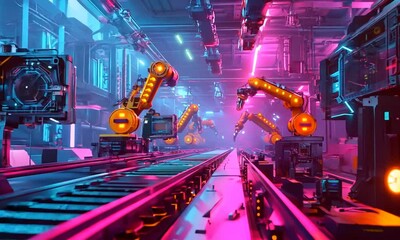 Fototapete - Futuristic industrial scene with robotic arms and vibrant neon lighting.