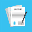 © SparkJ Design - Contract signing. Document with seal and pen. Sign a contract, treaty, agreement. Top view. Flat design.
