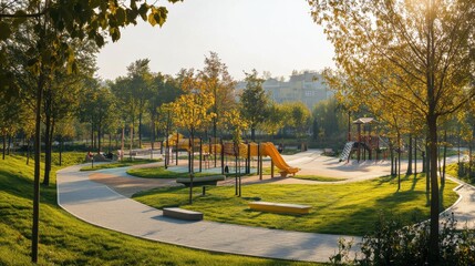 Modern urban park with playgrounds and paths.