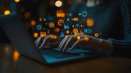 Wall Mural - a woman is typing on a laptop with a colorful background of icons and symbols. concept of technology