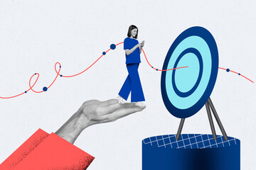 creative collage image young woman walk smartphone device target achievement accomplishment goal imp