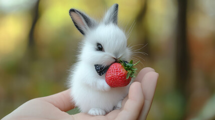 Wall Mural - hand holding a cute little white fluffy rabbit biting a strawberry