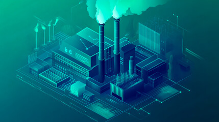 A futuristic isometric illustration of an industrial power plant with various energy production elements.