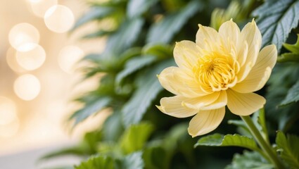 A tight shot of a yellow bloom and its surrounding green foliage in sharp focus Background subtly blurred.