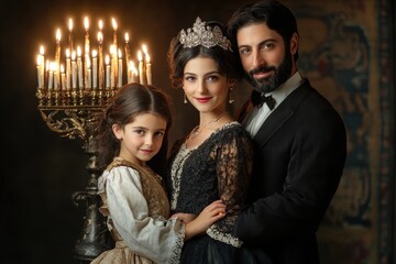 Hanukkah Family Portrait: A formal portrait of a Jewish family dressed in traditional clothing, standing together with a lit menorah in the background, symbolizing unity and tradition.